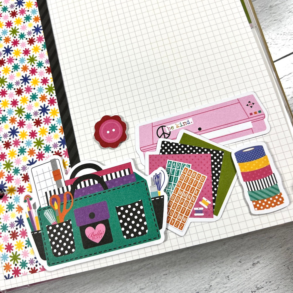 Crafty Friends scrapbook album page with colorful crafting supplies and flowers