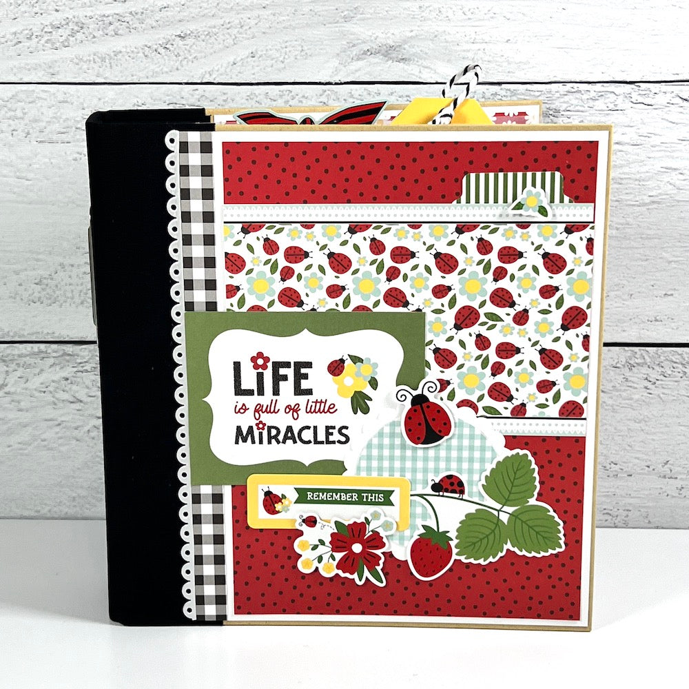 Little Miracles Scrapbook Mini Album with ladybugs, flowers, and strawberries