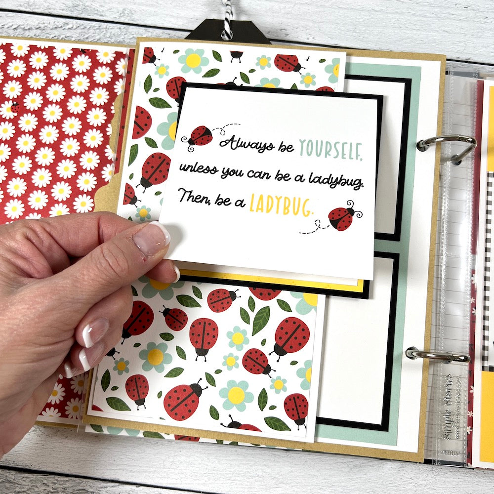 Little Miracles Scrapbook Album Page with ladybugs, flowers, and a cute folding card