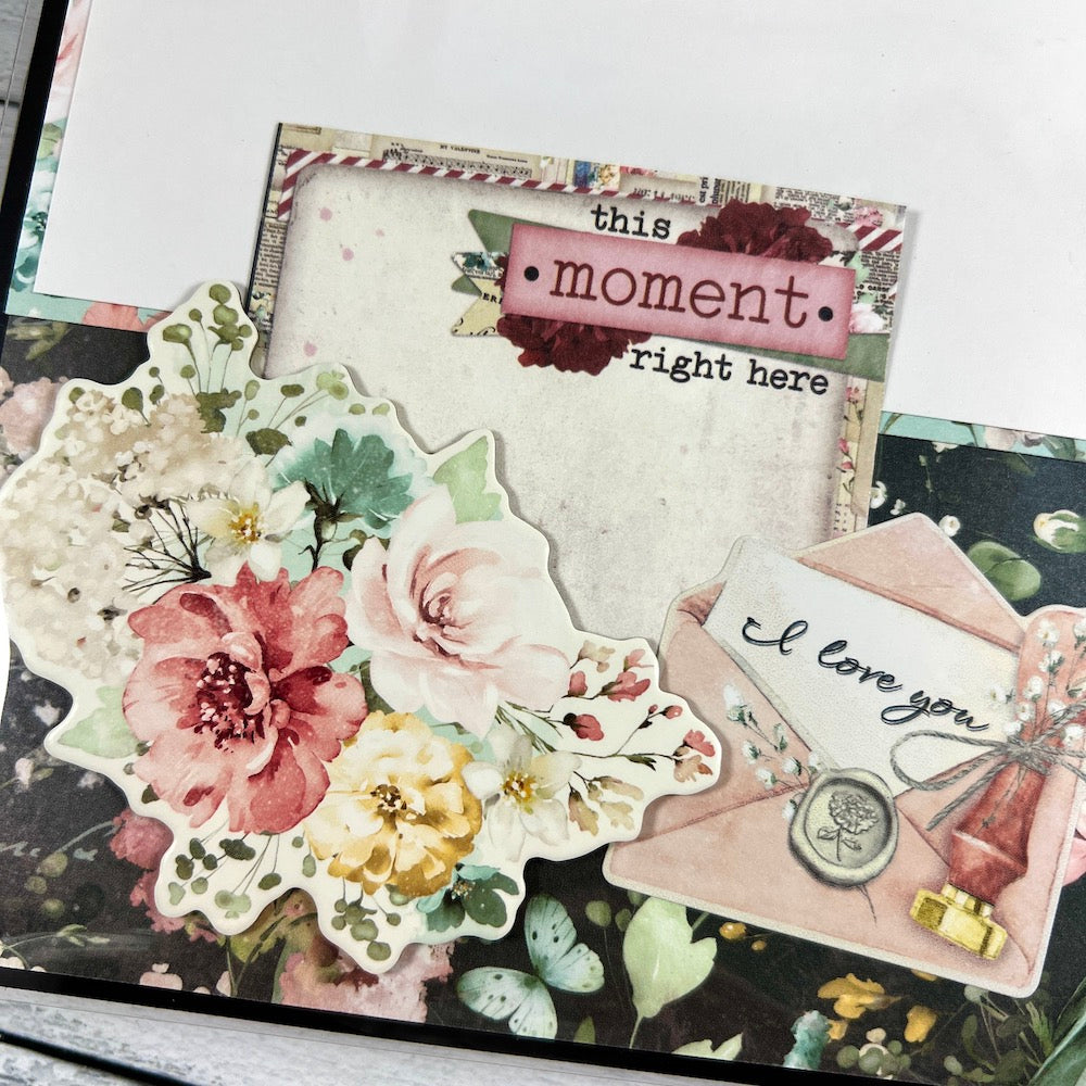 It Was Always You scrapbook album page with flowers, an envelope, stamp, and wax seal