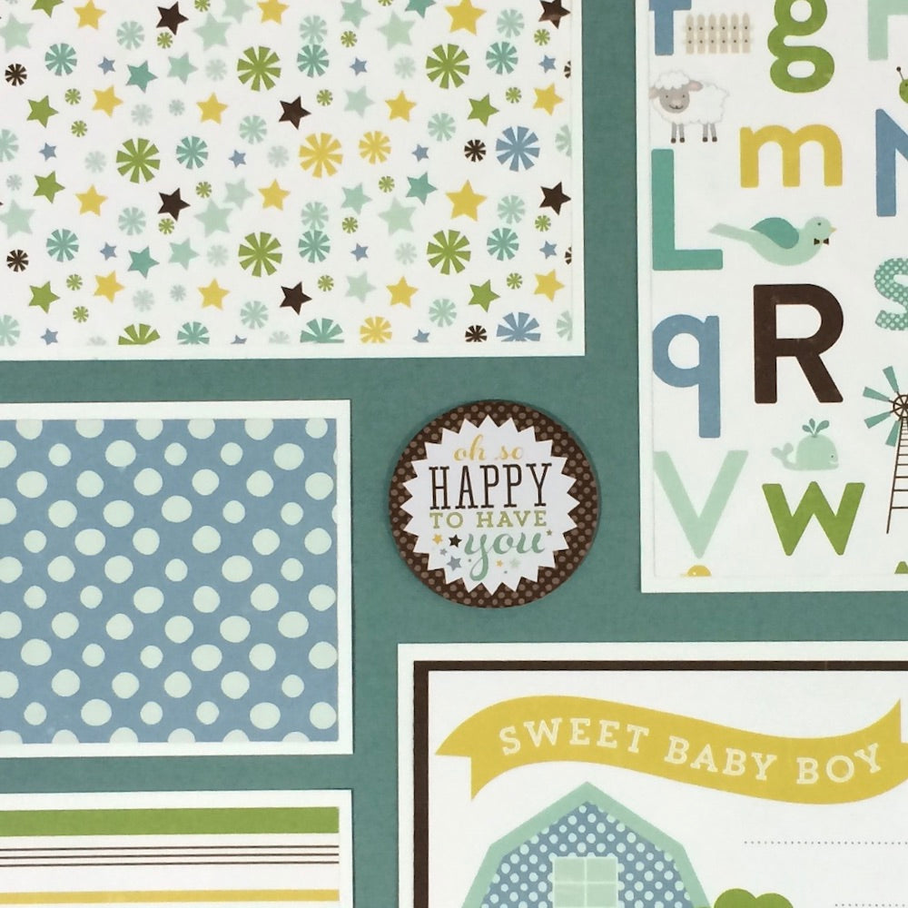 12x12 Sweet Baby Boy Scrapbook Page Layout with the alphabet, little animals, stars, a barn, polka dots, and stripes