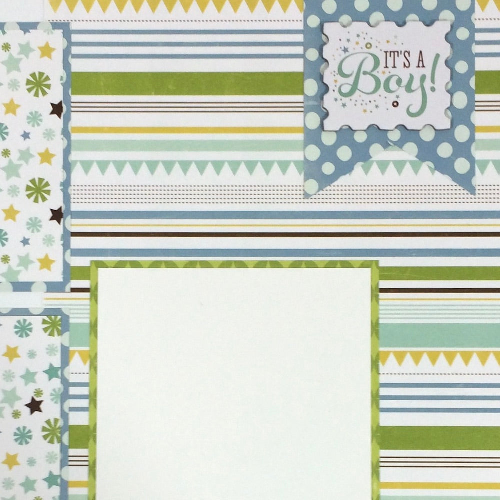12x12 Sweet Baby Boy Scrapbook Page Layout with stars, fun stripes, and cute polka dots