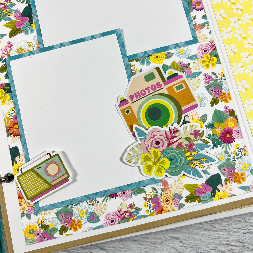 Beach Vibes Scrapbook Album page with tropical flowers, a camera, and a radio