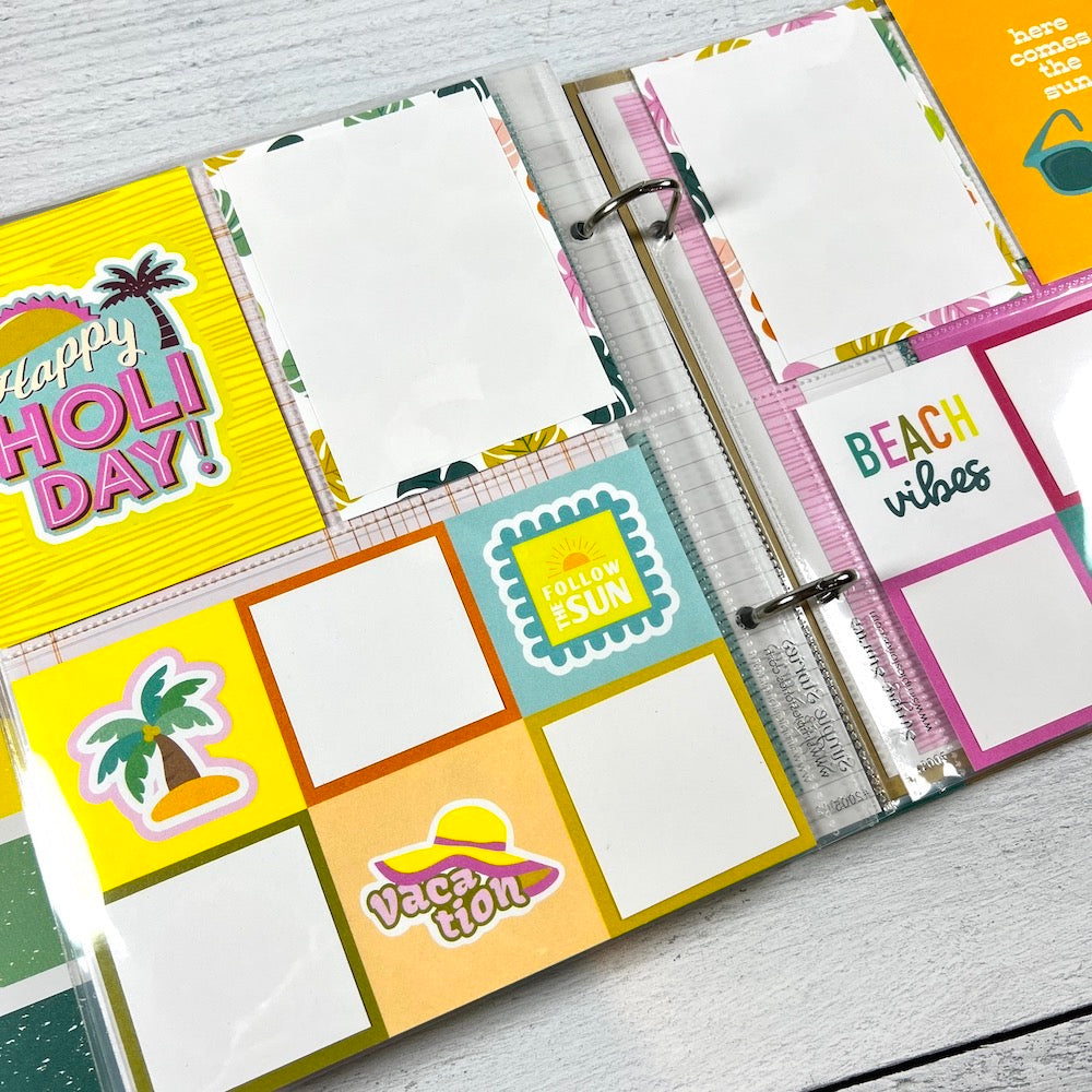 Beach Vibes Scrapbook Album page with lots of cute cards, palm trees, and bright happy colors, 