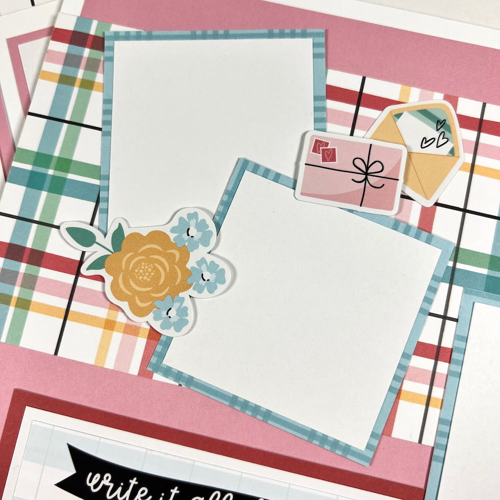 12x12 scrapbook page layout with pastel colors, flowers, mail, and a pretty plaid paper