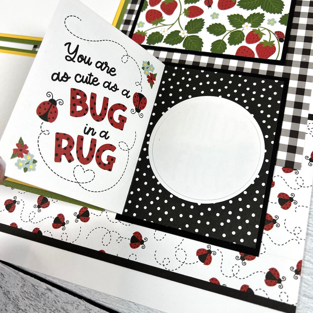 12x12 scrapbook layouts with strawberries, ladybugs, daisies, and a folding card