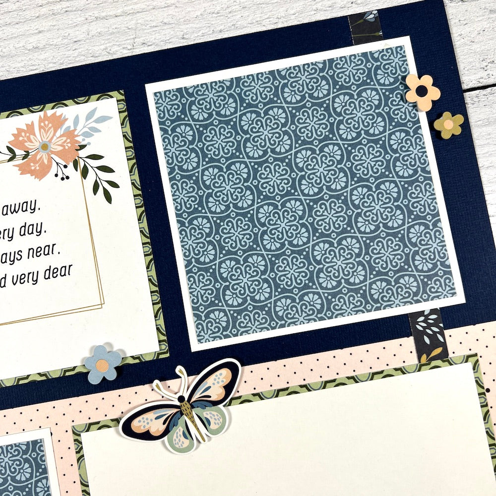 12x12 In Loving Memory scrapbook page layout with pretty flowers and butterflies