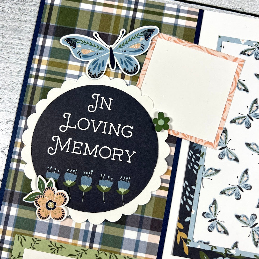 12x12 In Loving Memory scrapbook page layout with butterflies, flowers, and a gorgeous plaid paper