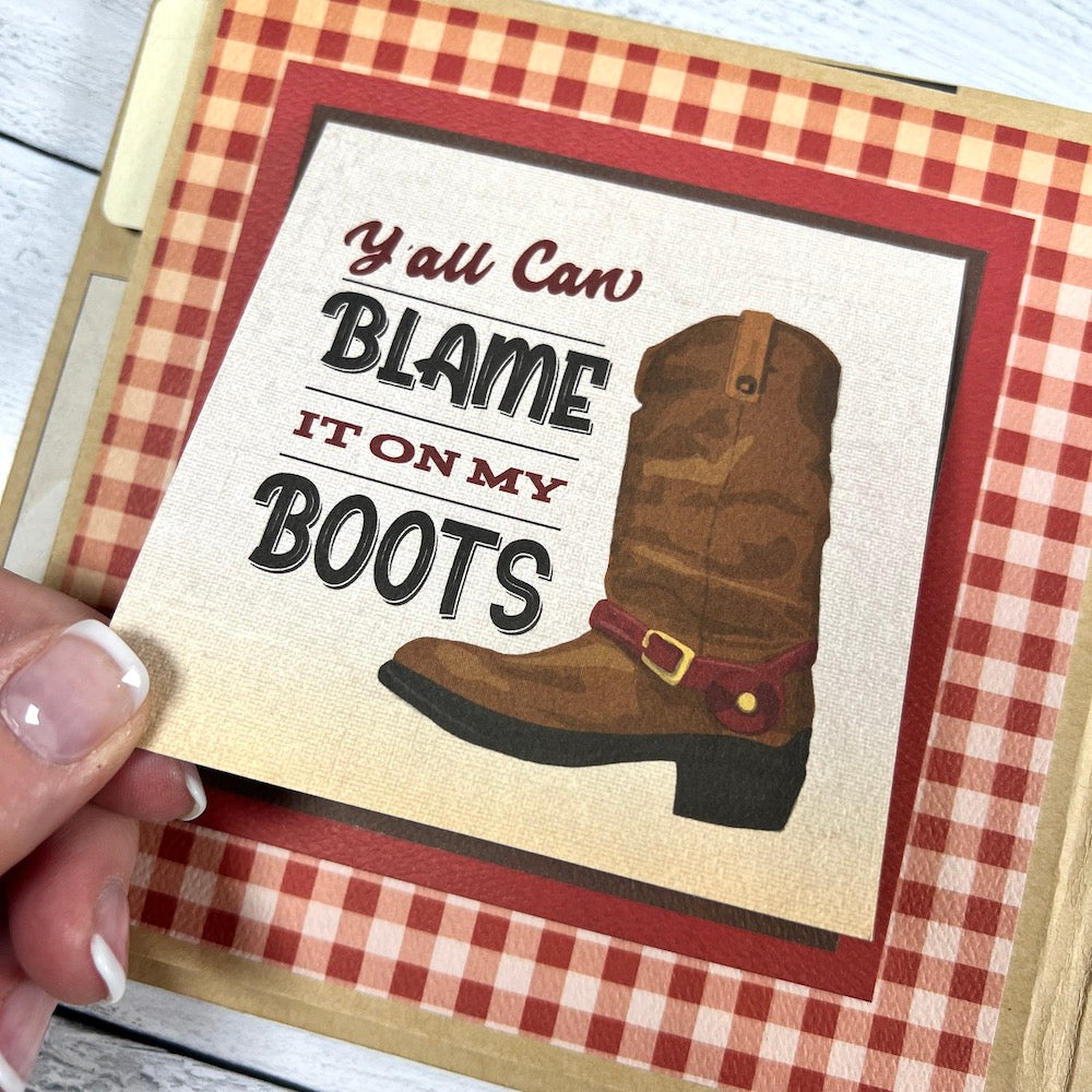 Country Western Scrapbook Mini Album Page with a cowboy boot, a folding card, and a red and white gingham print