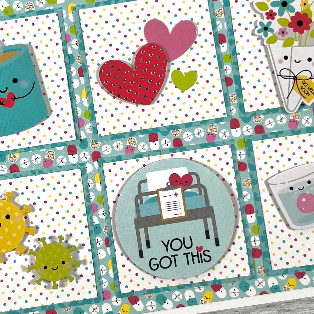 Get Well Soon Handmade Greeting Card with cute hearts, flowers, pills, germs, and a hospital bed