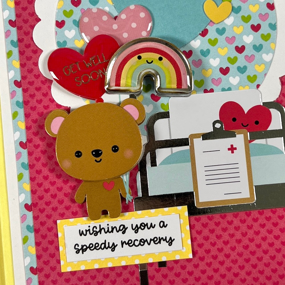 Get Well Handmade Card with a cute bear, balloons, a rainbow, and lots of colorful hearts