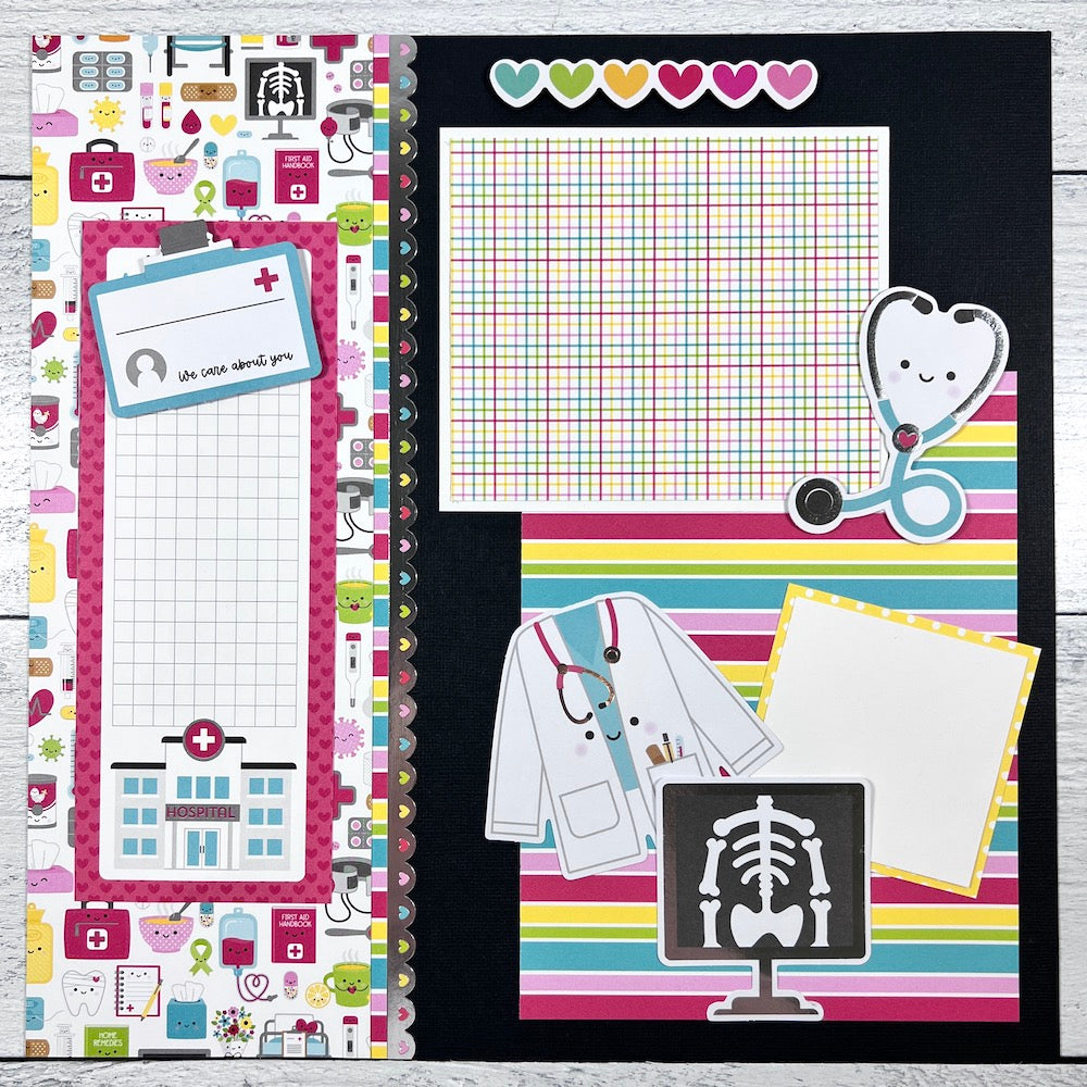 12x12 Medical themed scrapbook page layout with doctor's coat, x-rays, and stethoscope