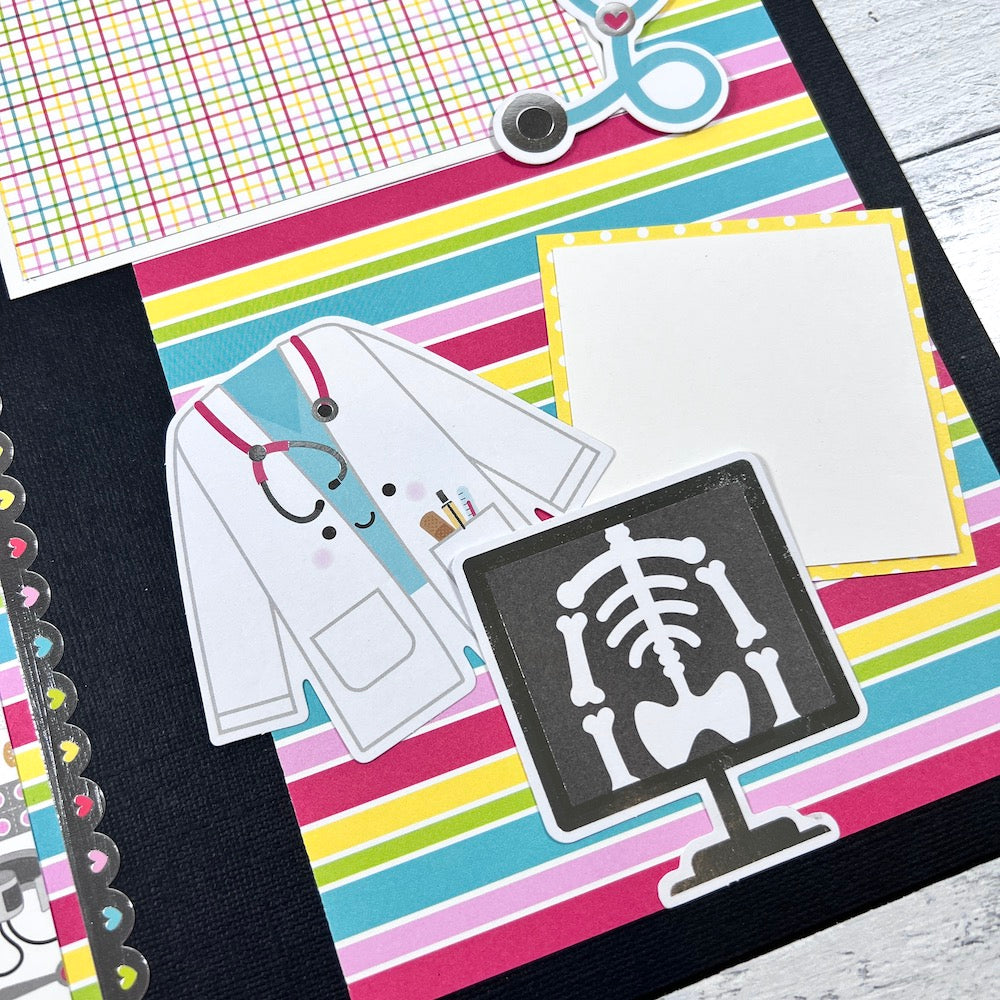 12x12 Medical themed scrapbook page layout with doctor's coat, x-rays, and stethoscope