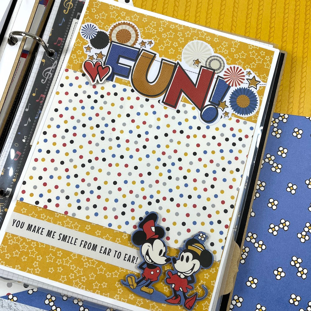 Classic Mouse Disney Themed Scrapbook Album Page with vintage style Mickey and Minnie, stars, polka dots, and hearts