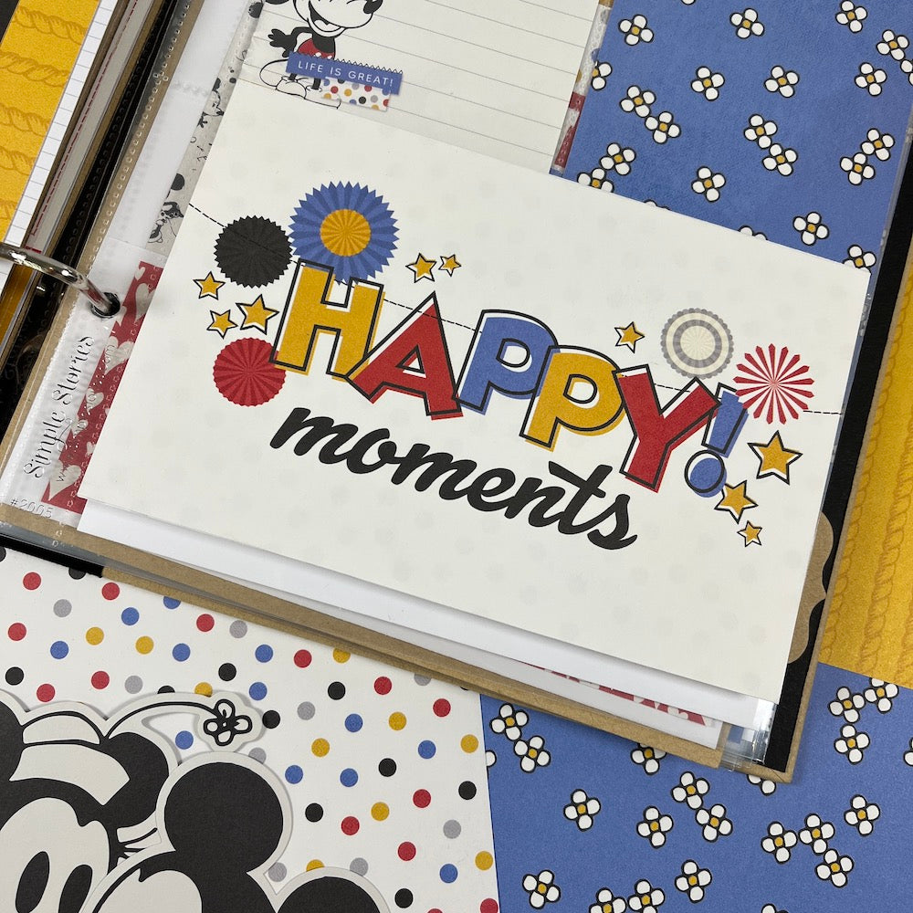 Classic Mouse Disney Themed Scrapbook Album Page with vintage style Mickey and Minnie, flowers, and a flip up card