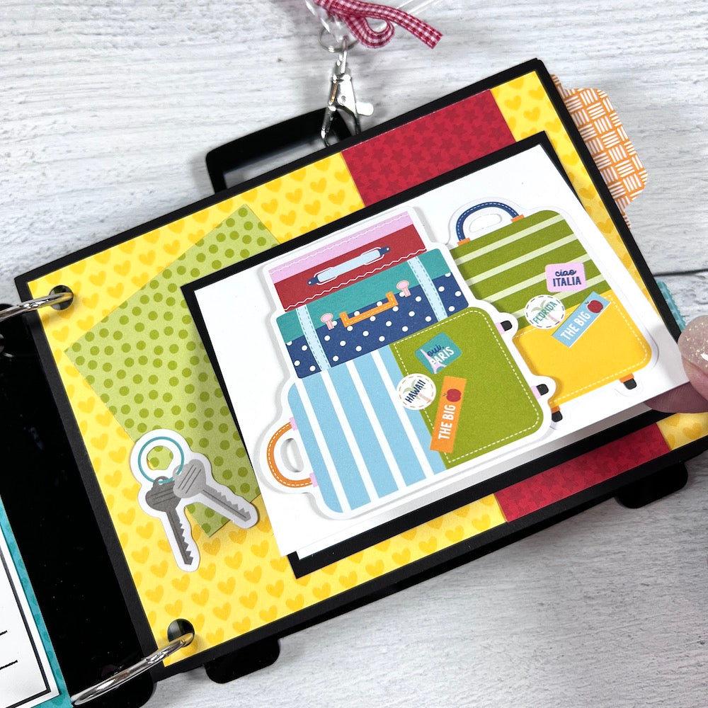 Travel Suitcase Shaped Scrapbook Album page with bright colors, luggage, keys, and polka dots
