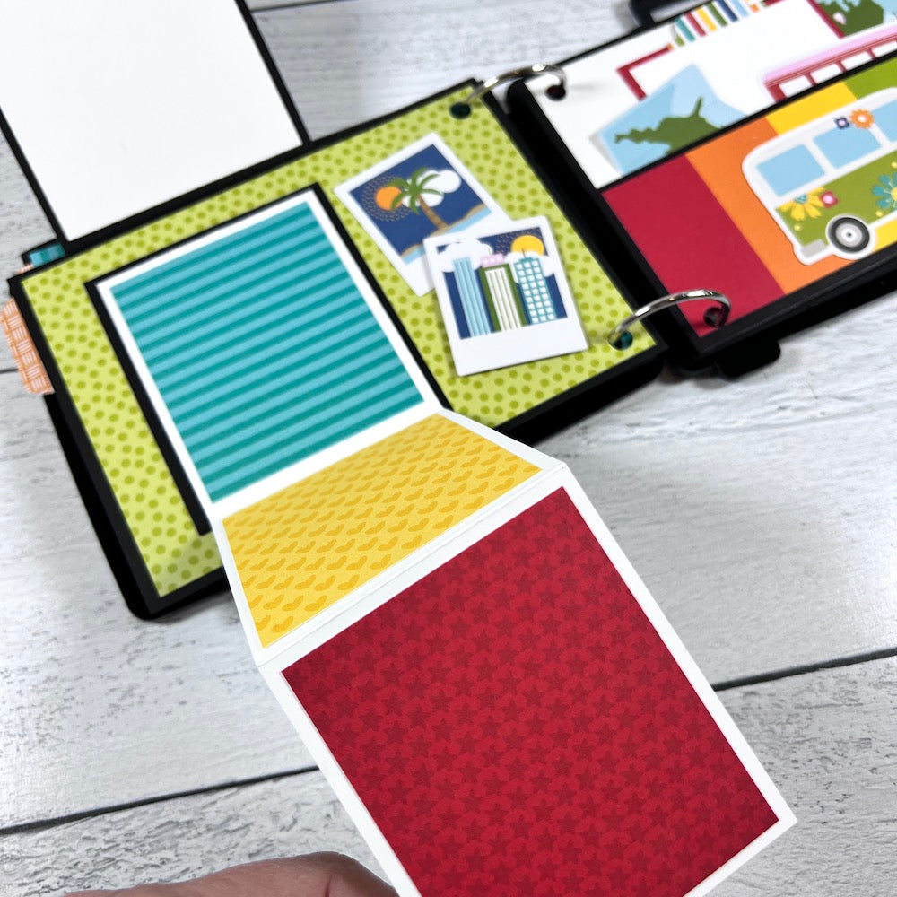 Travel Suitcase Shaped Scrapbook Album page with a colorful folding element for 5 photos