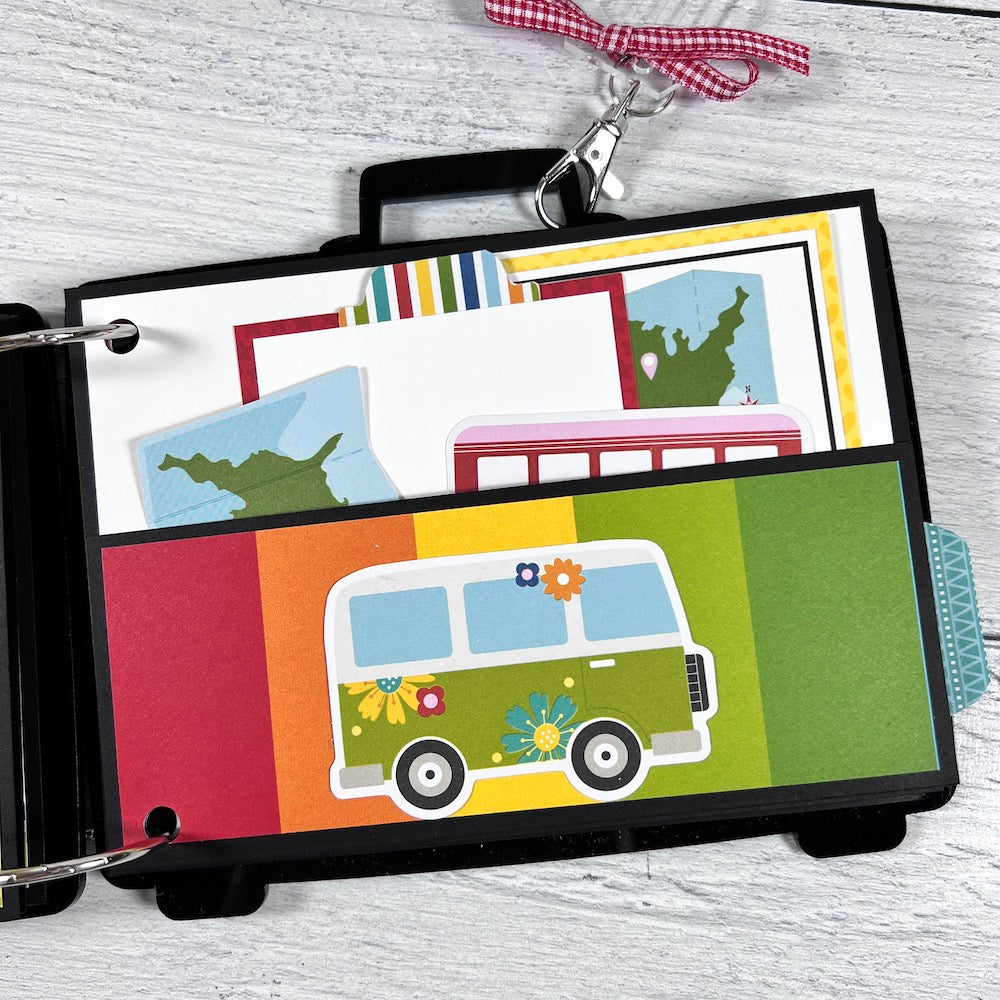Travel Suitcase Shaped Scrapbook Album page with a colorful striped pocket, a Volkswagen Bus, a journaling cards
