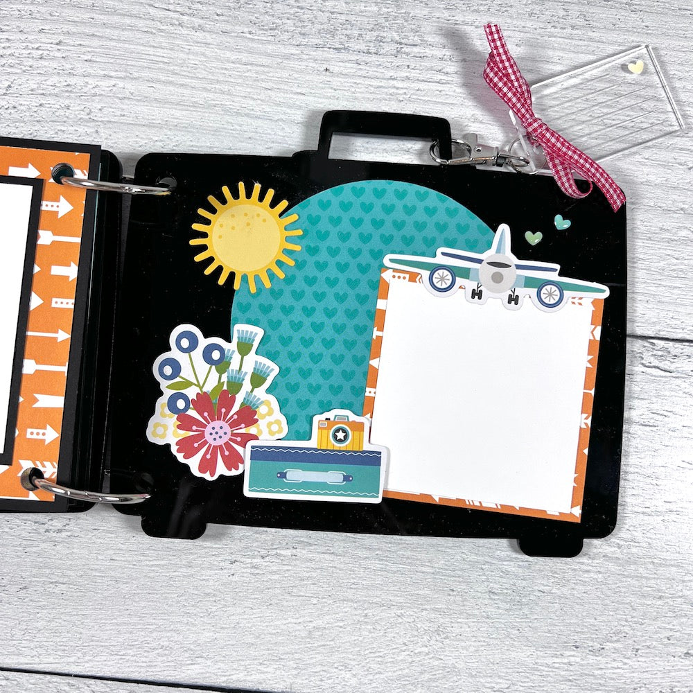 Travel Suitcase Shaped Scrapbook Album page with an airplane, sunshine, flowers, and hearts