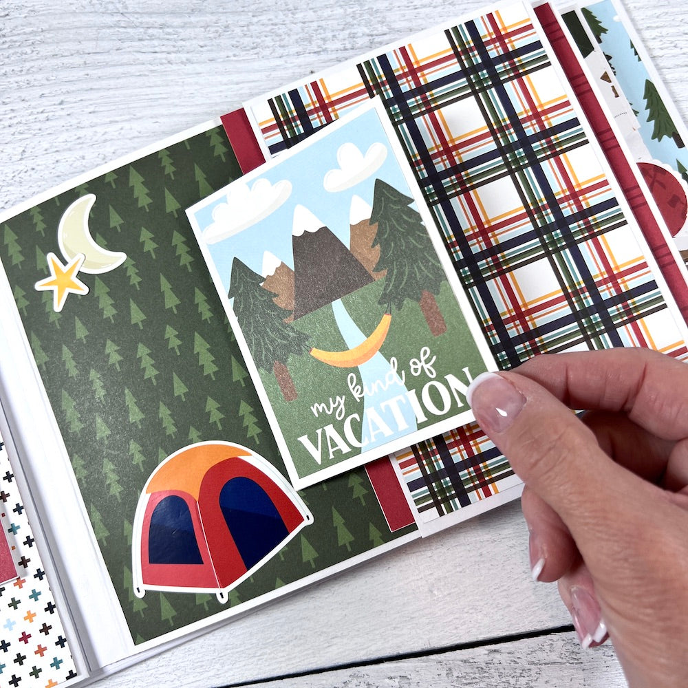 Outdoor Adventure Scrapbook Album Page with mountains, a tent, trees, and a hammock