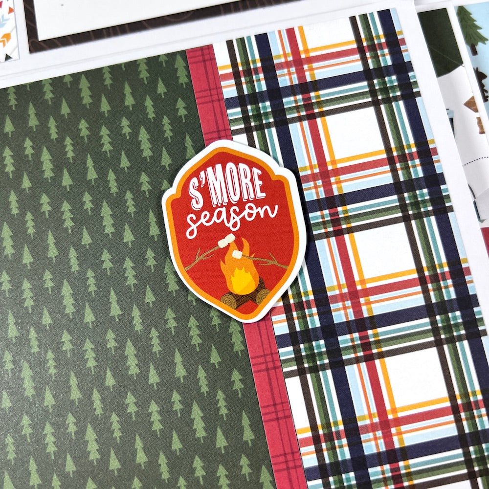 Outdoor Adventure Scrapbook Album Page with trees, a campfire, smores, and a plaid paper