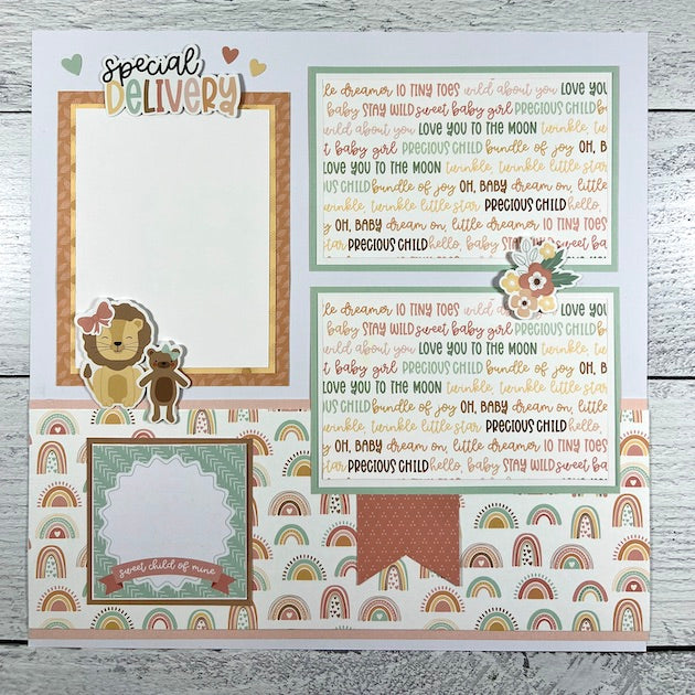 12x12 Baby Girl Scrapbook Page Layout with animals, rainbows, and flowers