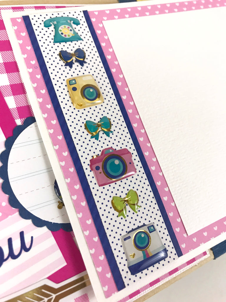 Mother's Day Scrapbook Mini Album Page with pink hearts, little camera & bow enamel stickers, and a scalloped circle journaling spot