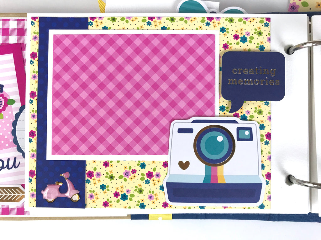 Mother's Day Scrapbook Mini Album Page with flowers, a Polaroid camera, and a cute tiny pink moped