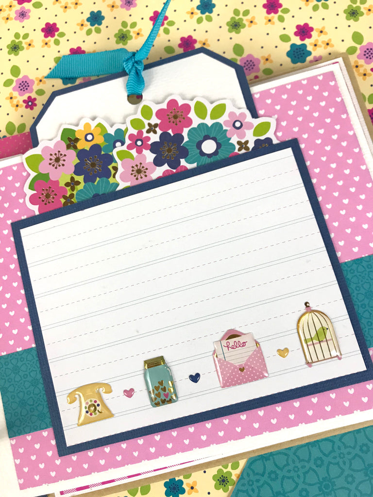 Mother's Day Scrapbook Mini Album page with a pocket, flowers, a jar of hearts, telephone, bird cage, and an envelope