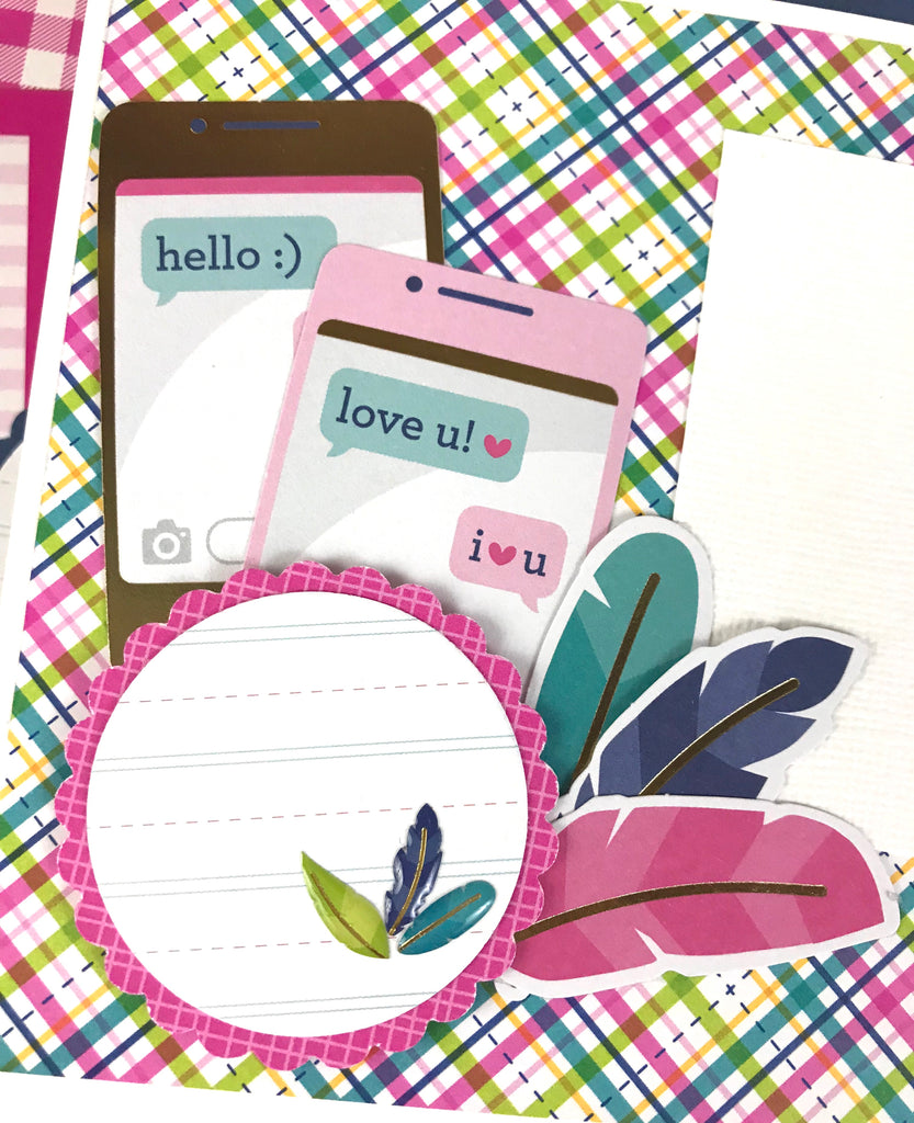 Mother's Day Scrapbook Mini Album page with feathers, cell phones with cute text messages, a pretty plaid paper, and a scalloped circle journaling spot