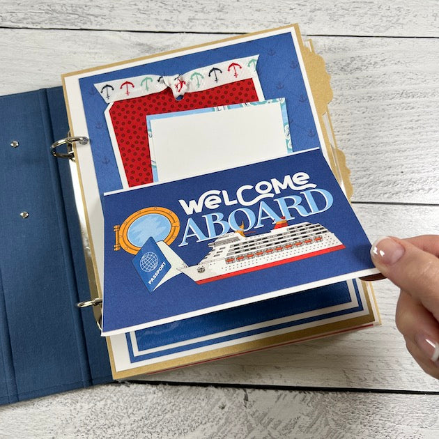 Bon Voyage Cruise Scrapbook album page with a folding card, a pocket, journaling tags, a ship, passport, & a porthole