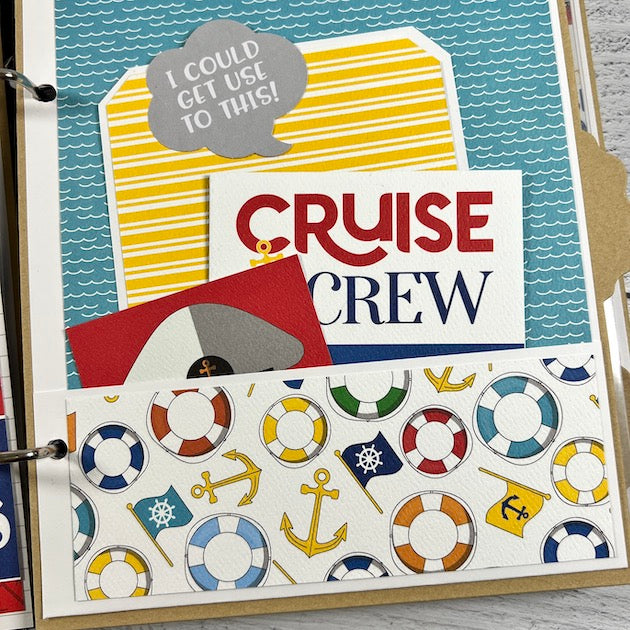 Bon Voyage Cruise Scrapbook album page with a pocket, anchors, and life preservers