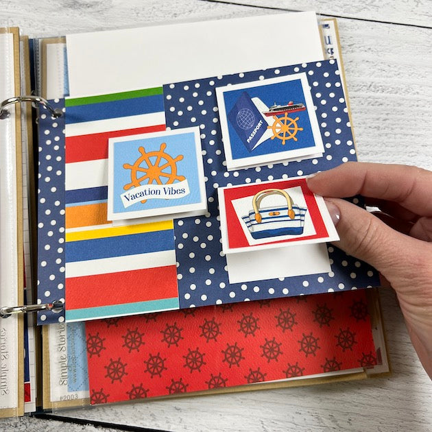 Bon Voyage Cruise Scrapbook album page with a ship's wheel, a beach bag, polka dots, & stripes