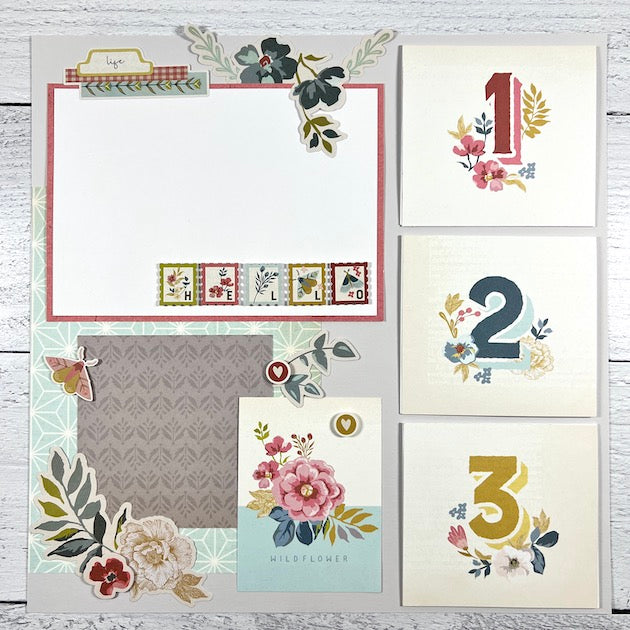 12x12 Wildflower Scrapbook Page Layout with butterflies, moths, and 3 numbered flip-up cards