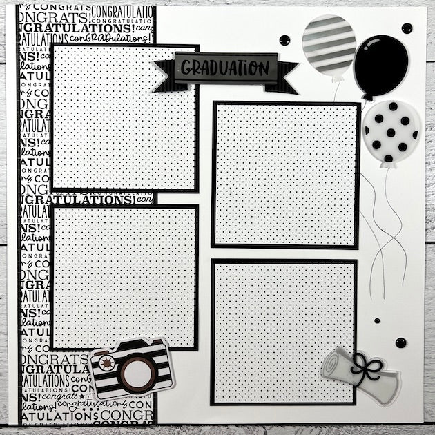 12x12 Graduation scrapbook page layout with balloons & a diploma