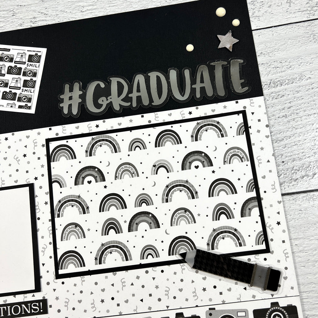 12x12 Graduation scrapbook page layout with rainbows, confetti, & stars