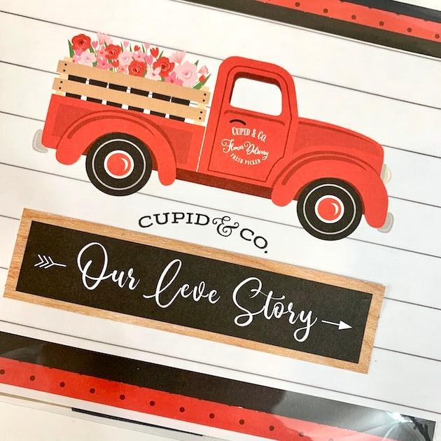 Love You More Scrapbook page with a red pick up truck filled with pretty flowers