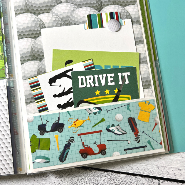 Golf Scrapbook Album Page with golf cart, balls, a pocket, and journaling cards