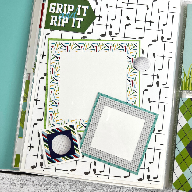 Golf Scrapbook Album Page with clubs, tees, balls, and photo mats