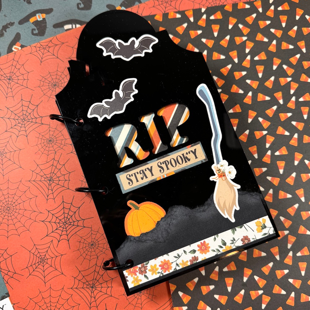 Halloween Tombstone Shaped Scrapbook Album with bats, pumpkins, and flowers