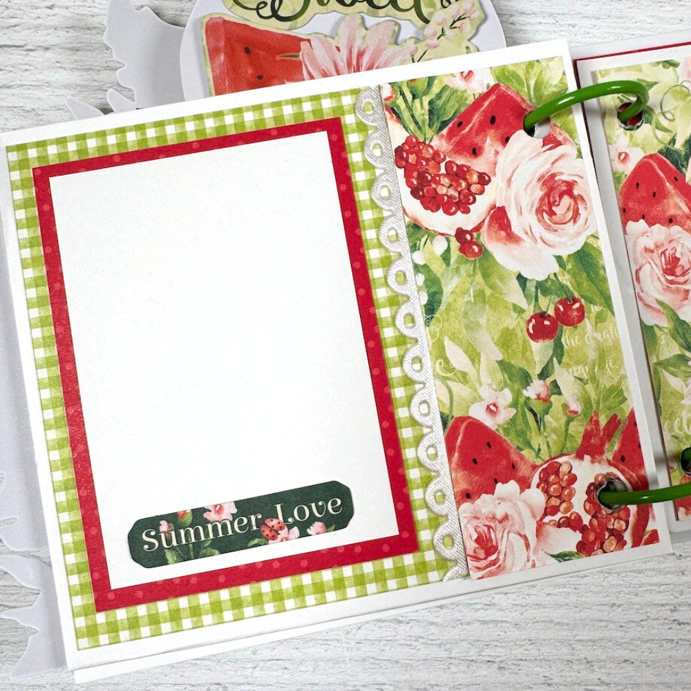 Summer Scrapbook Album page with watermelon, flowers, and a pretty scalloped ribbon