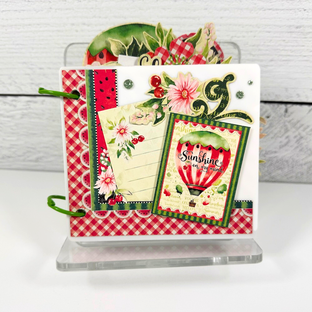 Sunshine On My Mind Summer Scrapbook Album with a watermelon, hot air balloon, and flowers