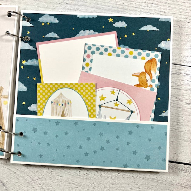 Baby Scrapbook Album Page with journaling cards, a pocket, stars, & clouds