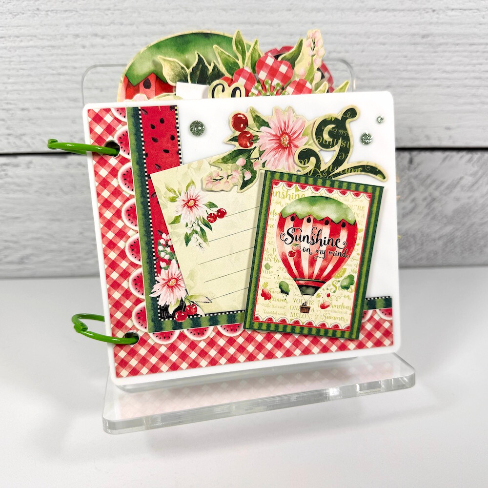 Sunshine On My Mind Summer Scrapbook Album with a watermelon, hot air balloon, and flowers