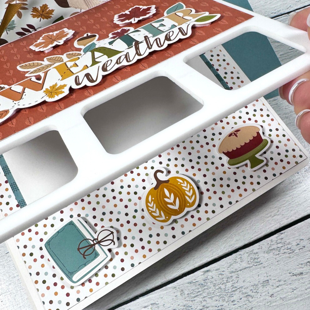 Sweater Weather Fall Acrylic Scrapbook Album with cute square cut-outs, leaves, a book, pumpkin, and a pie