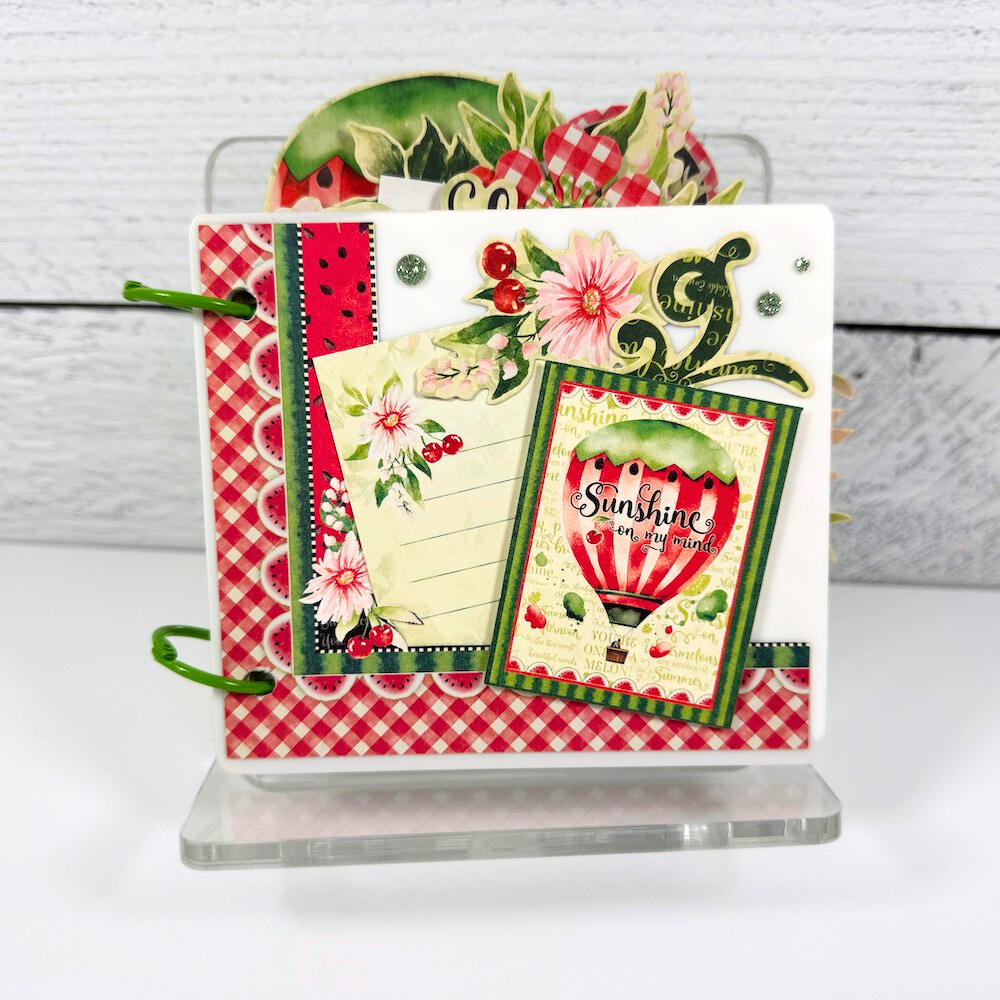 Sunshine On My Mind Summer Scrapbook Album with a watermelon, hot air balloon, and flowers