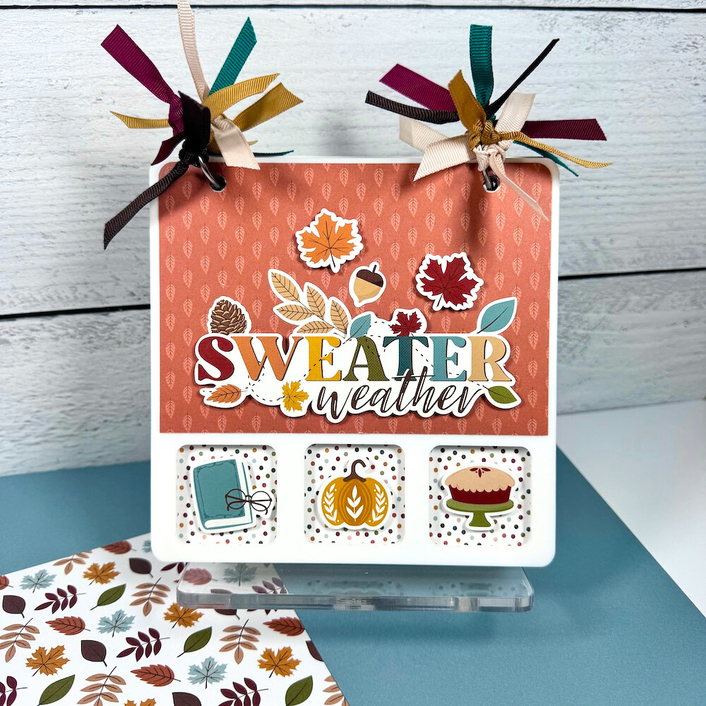 Sweater Weather Fall Acrylic Scrapbook Album with cut-outs, leaves, pinecones, acorns and pumpkins