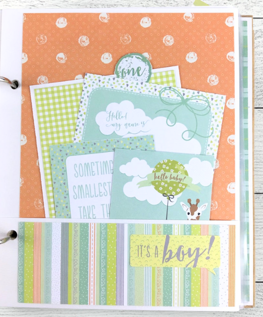 Baby Boy Scrapbook Album page with cute animals, balloons, and a pocket with journaling cards