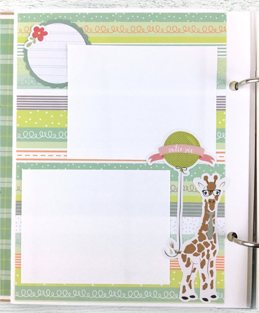 Baby Boy Scrapbook Album page with cute giraffe wearing glasses, a balloon, and a scalloped circle journaling spot