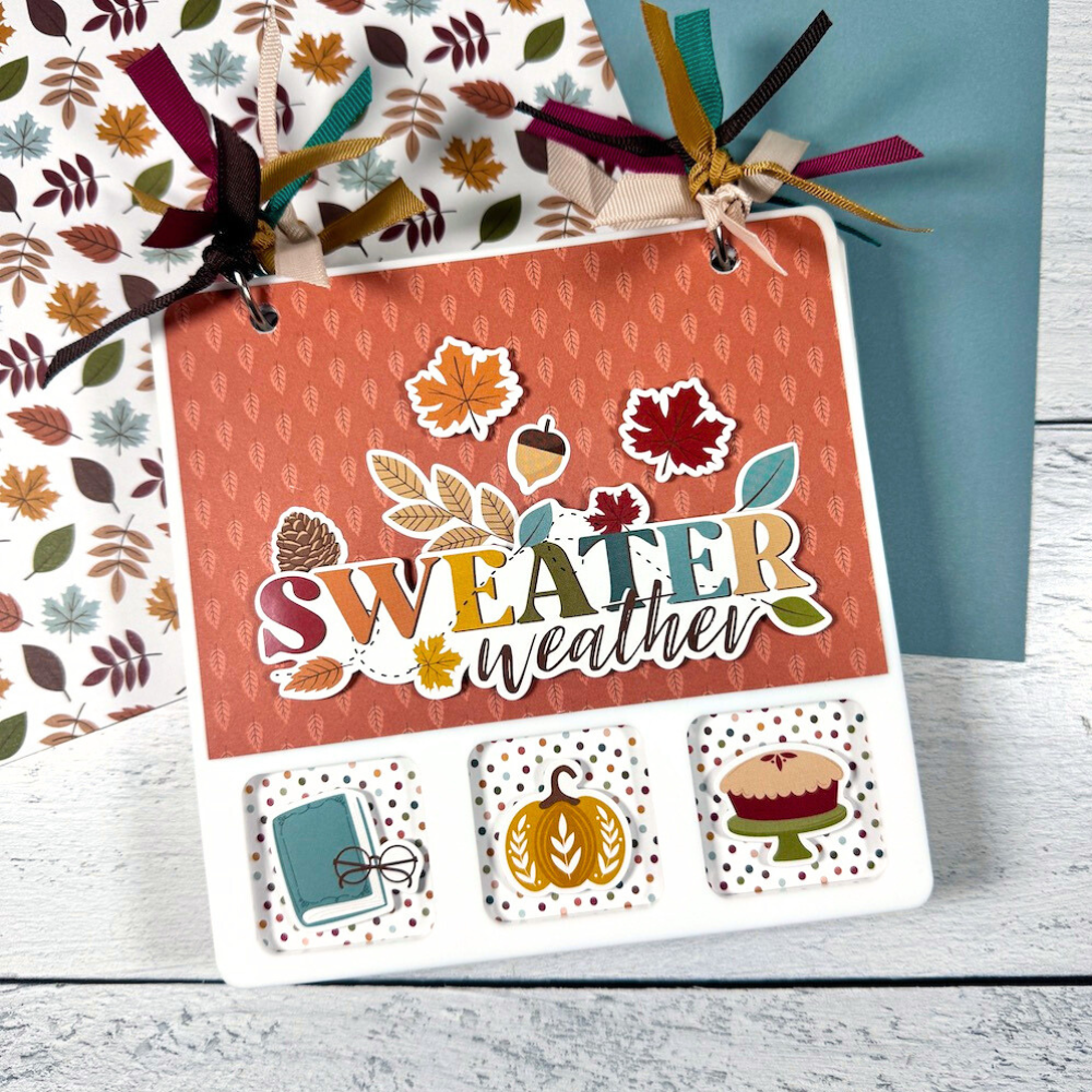 Sweater Weather Fall Acrylic Scrapbook Album with cut-outs, leaves, pinecones, acorns and pumpkins